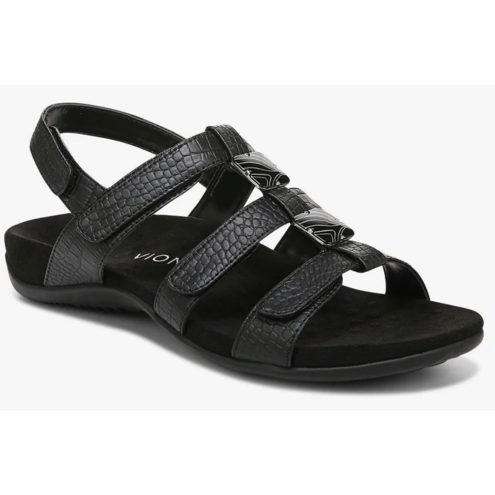 Vionic Amber Black Croc Embossed‎ Adjustable Sandals Women 8 Orthotic Support